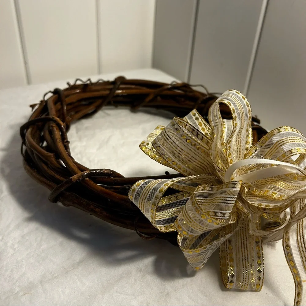 Grapevine Wreath Decorative Brown branch with Gold & White Ribbon